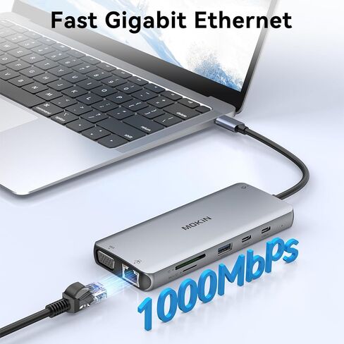 محطة إرساء MOKiN شاشة مزدوجة، محطة إرساء 12 في 1 USB C 3 شاشة، محول USB C متعدد المنافذ مع 4K HDMI وDP وVGA وEthernet و100W PD و4 USB وقارئ بطاقات SD/TF لأجهزة Dell HP Lenovo in Kuwait