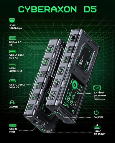 قاعدة توصيل للكمبيوتر المحمول RayCue CyberAxon D5 13 في 1 - محطة إرساء USB C مع شاشة لمس 2.4 بوصة، 3X HDMI (4K@60 هرتز)، 100 وات PD، 10 جيجابت في الثانية USB-C، إيثرنت، لأجهزة Mac/Windows/iPad in Kuwait