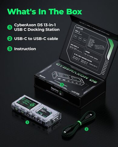قاعدة توصيل للكمبيوتر المحمول RayCue CyberAxon D5 13 في 1 - محطة إرساء USB C مع شاشة لمس 2.4 بوصة، 3X HDMI (4K@60 هرتز)، 100 وات PD، 10 جيجابت في الثانية USB-C، إيثرنت، لأجهزة Mac/Windows/iPad in Kuwait