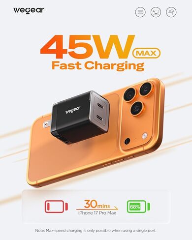 wegear 45W Dual USB-C GaN Fast Charger, Foldable Compact Wall Charger with PD PPS QC4.0 for Galaxy S25/S24, iPhone 17/16/15, iPad, MacBook, Steam Deck (Black) in Kuwait