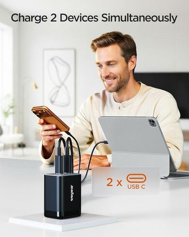 wegear 45W Dual USB-C GaN Fast Charger, Foldable Compact Wall Charger with PD PPS QC4.0 for Galaxy S25/S24, iPhone 17/16/15, iPad, MacBook, Steam Deck (Black) in Kuwait