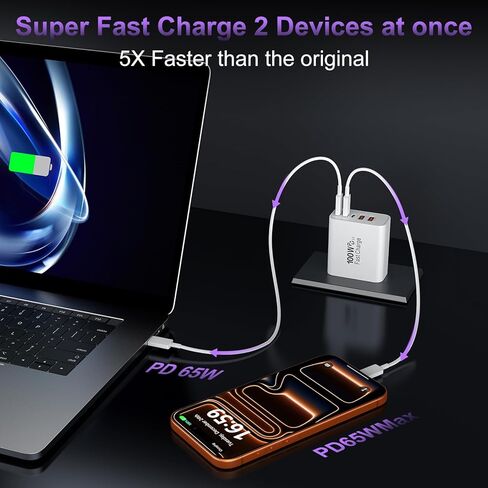 كتلة شاحن USB C فائقة السرعة، قابس شاحن حائط USBC 100 وات، 2 حزمة 5 منافذ 65 وات من النوع C محول طاقة متعدد المنافذ لسلسلة iPhone 17/16/15/14/13/12، وGalaxy S26/S25 Ultra، وiPad، وMac Book in Kuwait