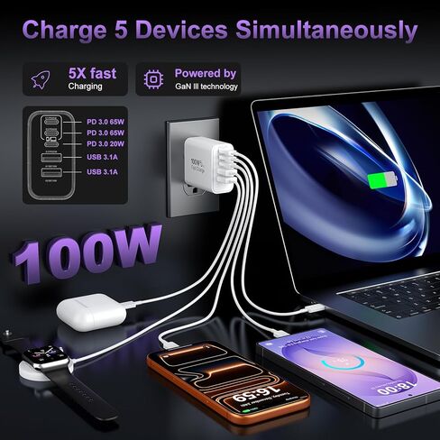كتلة شاحن USB C فائقة السرعة، قابس شاحن حائط USBC 100 وات، 2 حزمة 5 منافذ 65 وات من النوع C محول طاقة متعدد المنافذ لسلسلة iPhone 17/16/15/14/13/12، وGalaxy S26/S25 Ultra، وiPad، وMac Book in Kuwait
