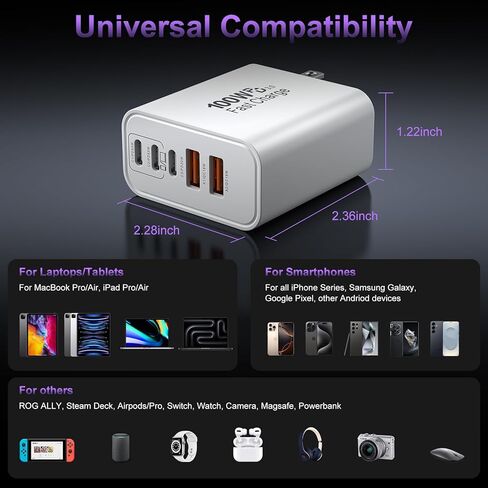 كتلة شاحن USB C فائقة السرعة، قابس شاحن حائط USBC 100 وات، 2 حزمة 5 منافذ 65 وات من النوع C محول طاقة متعدد المنافذ لسلسلة iPhone 17/16/15/14/13/12، وGalaxy S26/S25 Ultra، وiPad، وMac Book in Kuwait