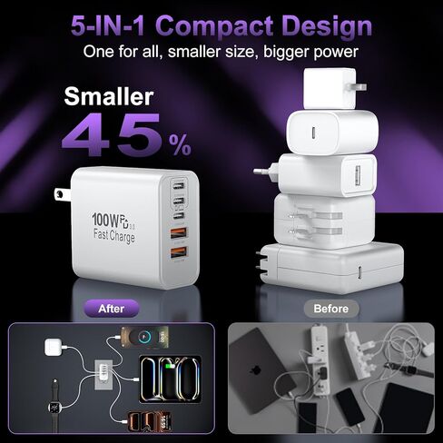 كتلة شاحن USB C فائقة السرعة، قابس شاحن حائط USBC 100 وات، 2 حزمة 5 منافذ 65 وات من النوع C محول طاقة متعدد المنافذ لسلسلة iPhone 17/16/15/14/13/12، وGalaxy S26/S25 Ultra، وiPad، وMac Book in Kuwait