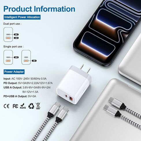 شاحن USB C بقدرة 20 وات شحن سريع لهاتف Samsung Galaxy S26/S26+/26 Ultra/S25 Ultra/S25/A17، محول طاقة شاحن جداري بمنفذ مزدوج PD+QC مع سلك 6FT من النوع C لـ Google Pixel 10 Pro Fold/10 Pro/9a in Kuwait