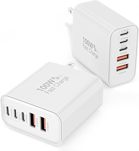 100W USB C Charger Block, 2Pack 5-Port GaN Wall Charger Fast Charging Plug, Multiple PD Power Adapter+QC Plug, USB C Box Cube Compatible with iPhone 17 Air 16 15 14 13 Pro Max Plus,Samsung,MacBook/Air in Kuwait