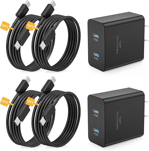 شاحن USB C فائق السرعة، 2 حزمة 45 وات مزدوج المنفذ من النوع C شحن سريع متوافق مع Samsung Galaxy S26 Ultra/S26/S26+/S25 Ultra/S25+/S24+/S24/S24 Ultra/S23 Ultra/S22 Ultra مع كابل USB C إلى C بطول 10أقدام in Kuwait