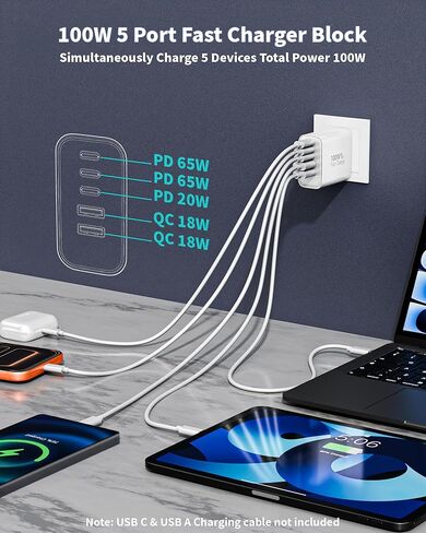 100W USB C Charger Block, 2Pack 5-Port GaN Wall Charger Fast Charging Plug, Multiple PD Power Adapter+QC Plug, USB C Box Cube Compatible with iPhone 17 Air 16 15 14 13 Pro Max Plus,Samsung,MacBook/Air in Kuwait
