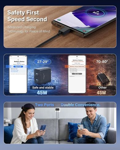 شاحن USB C فائق السرعة، 2 حزمة 45 وات مزدوج المنفذ من النوع C شحن سريع متوافق مع Samsung Galaxy S26 Ultra/S26/S26+/S25 Ultra/S25+/S24+/S24/S24 Ultra/S23 Ultra/S22 Ultra مع كابل USB C إلى C بطول 10أقدام in Kuwait