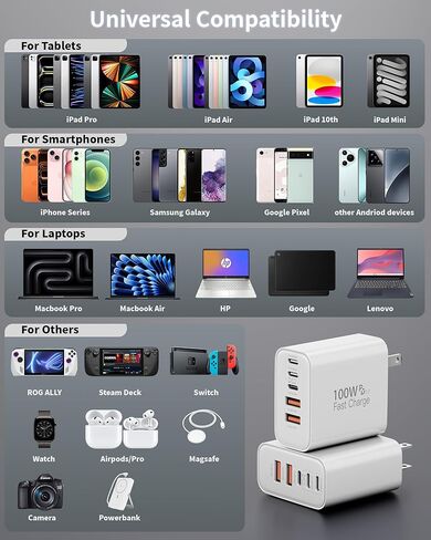 100W USB C Charger Block, 2Pack 5-Port GaN Wall Charger Fast Charging Plug, Multiple PD Power Adapter+QC Plug, USB C Box Cube Compatible with iPhone 17 Air 16 15 14 13 Pro Max Plus,Samsung,MacBook/Air in Kuwait