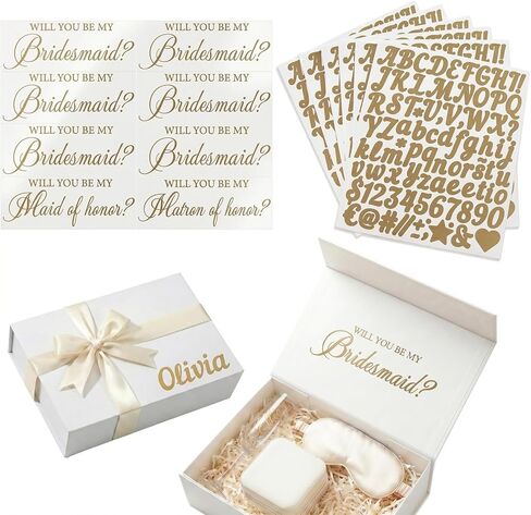 Will You Be My Bridesmaid Stickers for 8 Proposal Boxes, Black | Includes 6 Bridesmaid, 1 Maid of Honor and 1 Matron of Honor decals, plus 8 alphabet letter sheets for custom names in Saudi Arabia