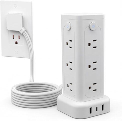 برج قطاع الطاقة مع مفاتيح فردية، 12 منفذ تيار متردد و3 منافذ USB (يتضمن USB-C)، برج قطاع الطاقة الواقي من زيادة التيار مع سلك بطول 6.6 قدم، سلك تمديد مسطح لأساسيات السكن في المكتب المنزلي in Kuwait
