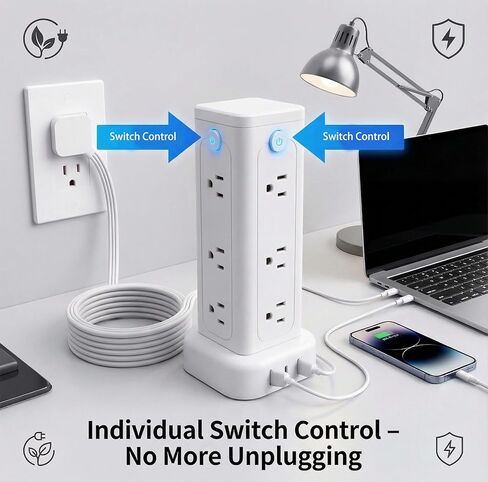برج قطاع الطاقة مع مفاتيح فردية، 12 منفذ تيار متردد و3 منافذ USB (يتضمن USB-C)، برج قطاع الطاقة الواقي من زيادة التيار مع سلك بطول 6.6 قدم، سلك تمديد مسطح لأساسيات السكن في المكتب المنزلي in Kuwait