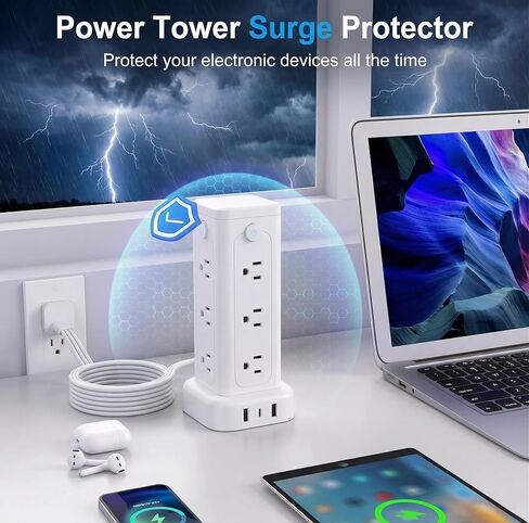 برج قطاع الطاقة مع مفاتيح فردية، 12 منفذ تيار متردد و3 منافذ USB (يتضمن USB-C)، برج قطاع الطاقة الواقي من زيادة التيار مع سلك بطول 6.6 قدم، سلك تمديد مسطح لأساسيات السكن في المكتب المنزلي in Kuwait
