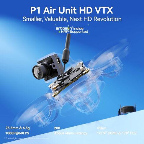 BETAFPV P1 Air Unit HD VTX مع 1080P/60FPS، زمن وصول منخفض 60 مللي ثانية، نطاق أقصى 5KM، مستشعر CMOS 1/2.9 بوصة، مجال رؤية 170 درجة، وزن خفيف للغاية، دعم التوصيل مع FC/USB لـ DIY 1S HD Cine Whoop مثل Meteor75 Pro in Kuwait