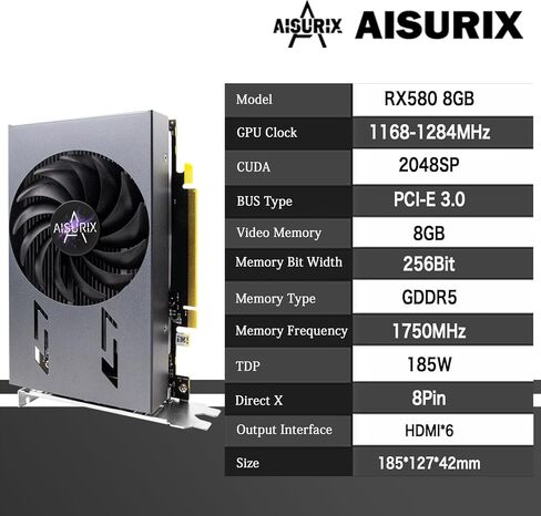 بطاقة رسومات Kelinx Aisurix RX 580 8GB GDDR5 GPU 6X HDMI، 6 إعدادات عرض مستقلة متعددة الشاشات، بطاقة فيديو DDR5 256 بت للكمبيوتر الشخصي ITX فتحة واحدة PCI Express in Kuwait
