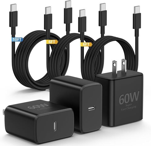 شاحن Essri 3Pack 60W فائق السرعة لهاتف Samsung Galaxy S26 Ultra، شاحن من النوع C شحن سريع مع سلك USB C بطول 6/6 /10FT لهاتف Samsung Galaxy S26/S26+/S25/S25 Ultra/S25+/S24 Ultra/S23 Ultra/S22 in Kuwait