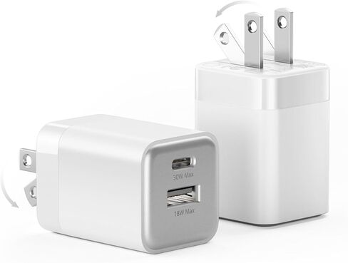 شاحن سريع USB C بقدرة 30 واط من wegear، شاحن حائط USB C مزدوج المنفذ مع قابس قابل للطي لهاتف iPhone 17/16/15 وSamsung S24 وiPad، كتلة شاحن نانو أصغر وأكثر أمانًا بنسبة 40%، (أسود مع كابلات، عبوتان) in Kuwait