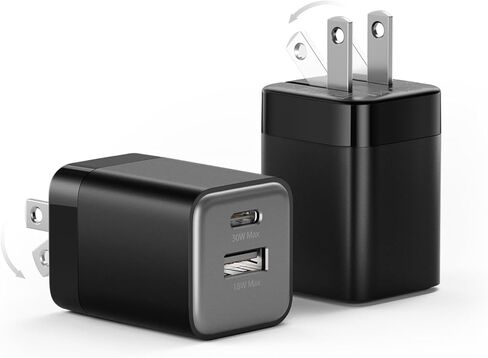 شاحن سريع USB C بقدرة 30 واط من wegear، شاحن حائط USB C مزدوج المنفذ مع قابس قابل للطي لهاتف iPhone 17/16/15 وSamsung S24 وiPad، كتلة شاحن نانو أصغر وأكثر أمانًا بنسبة 40%، (أسود مع كابلات، عبوتان) in Kuwait