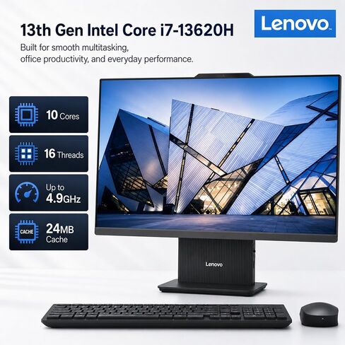 كمبيوتر مكتبي Lenovo IdeaCentre 27 بوصة FHD الكل في واحد من الجيل التالي، Intel Core i7-13620H (ذاكرة تخزين مؤقت ذكية 24 ميجابايت)، ذاكرة DDR5 سعة 64 جيجابايت، SSD 4 تيرابايت، Wi-Fi 6، HDMI، USB-C، لوحة مفاتيح وماوس لاسلكي، Business AI AIO، Win11 Pro in Kuwait