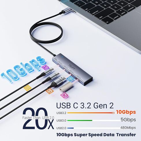 USB C HUB 3.2، TSUPY USB HUB 10Gbps USB C 3.2 Gen 2 Splitter مع كابل ممتد 4FT، 2 * USB-A و2 * USB-C متعدد منافذ USB لأجهزة MacBook Air/Pro، Surface Pro، XPS، الكمبيوتر المحمول، الكمبيوتر الشخصي والمزيد in Kuwait