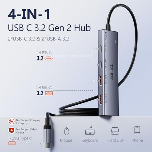 USB C HUB 3.2، TSUPY USB HUB 10Gbps USB C 3.2 Gen 2 Splitter مع كابل ممتد 4FT، 2 * USB-A و2 * USB-C متعدد منافذ USB لأجهزة MacBook Air/Pro، Surface Pro، XPS، الكمبيوتر المحمول، الكمبيوتر الشخصي والمزيد in Kuwait
