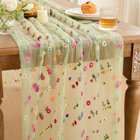 YATOJUZI Champagne Table Runner Embroidery Daisy Summer Floral Decorations Seasonal Tulle Dining Table Runners for Home Kitchen Decor Wedding Shower Party in Saudi Arabia