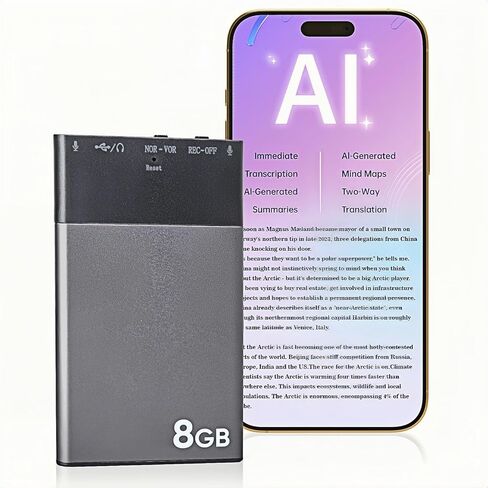 128GB AI Voice Recorder, Note Voice Recorder - Transcribe & Summarize, AI Noise Cancellation Technology, Supports 118 Languages, APP Control Audio Recorder for Lectures, Meetings, Calls in Kuwait