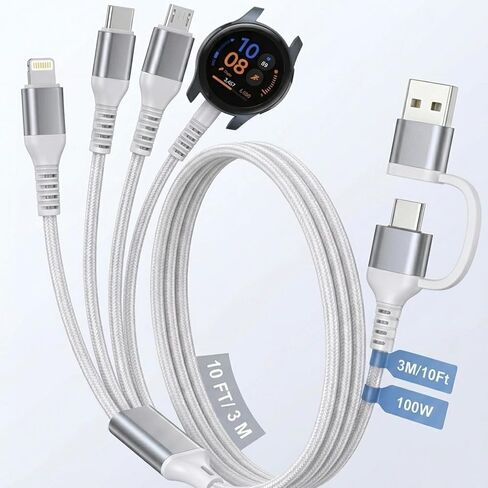 100W Multi Charging Cable for Samsung Galaxy Watch - 2026 Upgraded 4 in 2 Fast Charging Cord for iPhone17/16/15/14/13/12, Galaxy Watch 7/6 Classic/6/5 Pro/5, Galaxy S24, Android,iPad, MacBook, 10FT in Kuwait