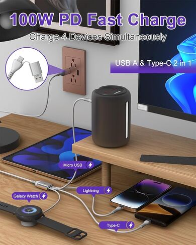 100W Multi Charging Cable for Samsung Galaxy Watch - 2026 Upgraded 4 in 2 Fast Charging Cord for iPhone17/16/15/14/13/12, Galaxy Watch 7/6 Classic/6/5 Pro/5, Galaxy S24, Android,iPad, MacBook, 10FT in Kuwait