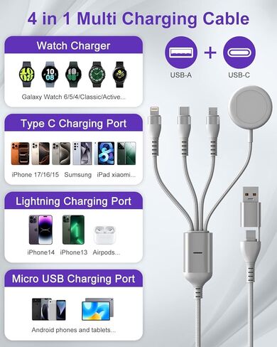 100W Multi Charging Cable for Samsung Galaxy Watch - 2026 Upgraded 4 in 2 Fast Charging Cord for iPhone17/16/15/14/13/12, Galaxy Watch 7/6 Classic/6/5 Pro/5, Galaxy S24, Android,iPad, MacBook, 10FT in Kuwait