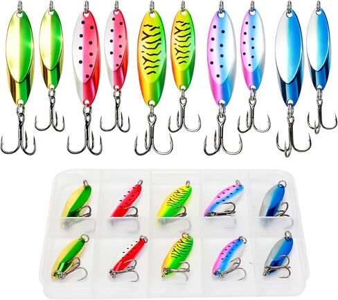 Fishing Spoon Lures Kit, 10 Pieces, 2 Sizes, Metal, High Flash, for Trout Walleye Bass Pike Crappie Saltwater in Kuwait