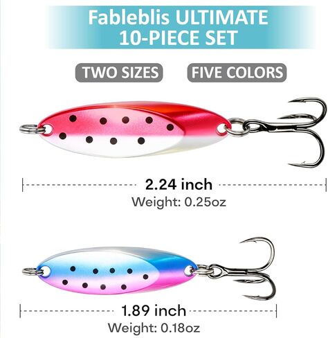 Fishing Spoon Lures Kit, 10 Pieces, 2 Sizes, Metal, High Flash, for Trout Walleye Bass Pike Crappie Saltwater in Kuwait
