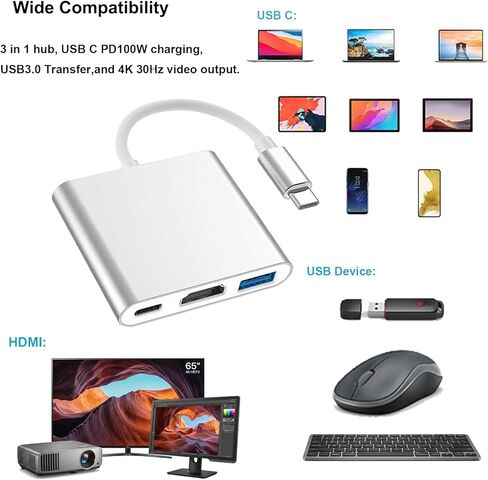 USB-C to HDMI Adapter (4K@30Hz), USB-C Digital AV Multiport Adapter to TV with PD100W Fast Charging, USB3.0 and 4K HDMI, Compatible with iPhone 16/15, iPad pro Mackbook Pro, iMac, Chromebook in Kuwait