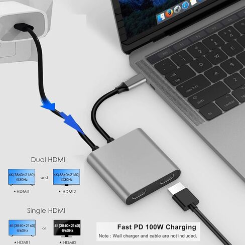 USB C to Dual HDMI Adapter, 4K@60Hz Type-C to HDMI Splitter for Dual Monitors Extend Display Suitable for MacBook Air/Pro, Dell, HP, Lenovo, Chromebook, Surface USB Type C Laptops in Kuwait