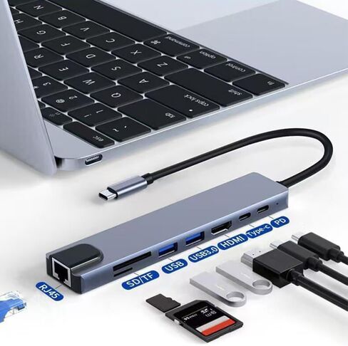 قاعدة توصيل للكمبيوتر المحمول USB-C 8 في 1، محول USB-C، يدعم 4K HDTV، إيثرنت، 2 منافذ USB، نوع C، قارئ بطاقات SD/TF، ​​PD 100 وات، مع بطاقة الشبكة in Kuwait