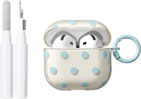inewateri Compatible for AirPods 4 Case with Cleaner Kit, Cute Polka Dot Pattern Clear Aesthetics Trendy Design with Shell Keychain, Soft TPU Protective Cover for Girls Women-Green in Saudi Arabia