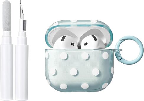 inewateri Compatible for AirPods 4 Case with Cleaner Kit, Cute Polka Dot Pattern Clear Aesthetics Trendy Design with Shell Keychain, Soft TPU Protective Cover for Girls Women-Green in Saudi Arabia