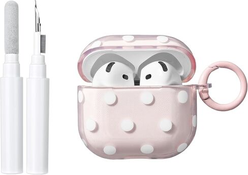 inewateri Compatible for AirPods 4 Case with Cleaner Kit, Cute Polka Dot Pattern Clear Aesthetics Trendy Design with Shell Keychain, Soft TPU Protective Cover for Girls Women-Green in Saudi Arabia