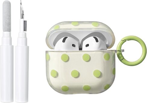 inewateri Compatible for AirPods 4 Case with Cleaner Kit, Cute Polka Dot Pattern Clear Aesthetics Trendy Design with Shell Keychain, Soft TPU Protective Cover for Girls Women-Green in Saudi Arabia