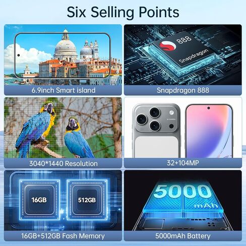 D17 Ultra Unlocked Cell Phones,5G Android 15 Unlocked Phones with 5000mAh Battery,Snapdragon888, 32+104MP Camera,16GB+512GB Smartphone, 6.9“ HD Screen, Dual SIM+Memory Expansion,Blue in Kuwait