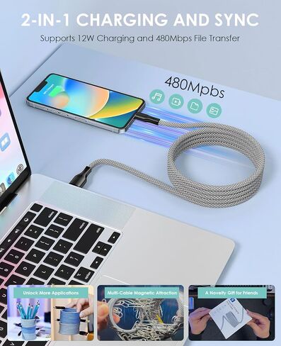 كابل لايتنينج لشاحن iPhone، كابل iPhone ملفوف مغناطيسي بطول 3.3 قدم، سلك شاحن مضفر للشحن السريع، معتمد من MFi متوافق مع iPhone 14 13 12 11 Pro Max Plus، خالي من التشابك ومتين in Kuwait