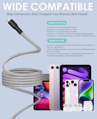 كابل لايتنينج لشاحن iPhone، كابل iPhone ملفوف مغناطيسي بطول 3.3 قدم، سلك شاحن مضفر للشحن السريع، معتمد من MFi متوافق مع iPhone 14 13 12 11 Pro Max Plus، خالي من التشابك ومتين in Kuwait