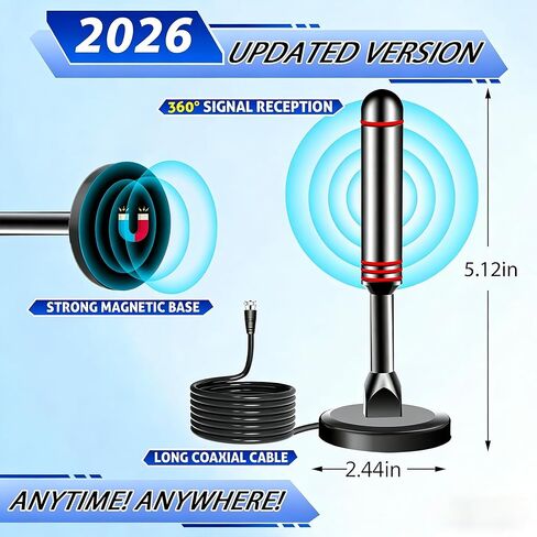 Digital TV Antenna for Smart TV, 2026 Antenna for TV Indoor with Strong Magnetic Base,Long Range Antenna for Easy Installation and All Smart/Old TVs, Supports 4K 1080P in Kuwait