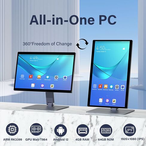 أجهزة كمبيوتر سطح المكتب الكل في واحد مقاس 15.6 بوصة، شاشة لمس FHD 180 درجة قابلة للتعديل Android 12 كمبيوتر صناعي RK3399 4 جيجابايت ذاكرة الوصول العشوائي/64 جيجابايت ذاكرة الوصول العشوائي، HDMI 2.0 واي فاي بلوتوث 4.2 للمكتب/الأتمتة/الكشك/البار/المستودع in Kuwait