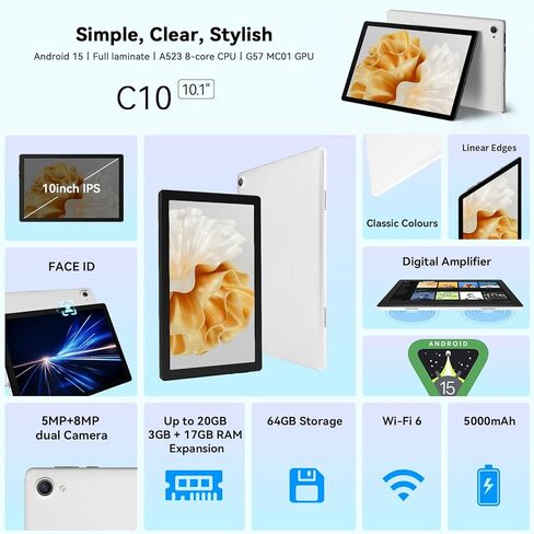 تابلت، تابلت أندرويد 10 بوصة مع أوكاتا كور، 64 جيجابايت روم + 1 تيرابايت توسيع، 1280x800 HD IPS شاشة لمس، 5000 مللي أمبير، 120 هرتز، 5 ميجابكسل + 8 ميجابكسل، Widevine L1، معتمد من GMS، معرف الوجه، 5G WiFi 6، Bluetooth5.3 (أبيض) in Kuwait