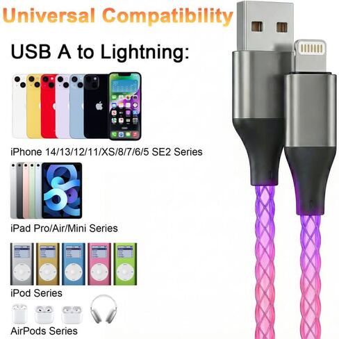 سلك شاحن كابل USB-A إلى Lightning لأجهزة iPhone [معتمد من Apple MFi] سلك شحن سريع LED لأجهزة iPhone 14/13/12/11/XR/XS/X/8، iPad، AirPods، iPod، والمزيد (وردي أرجواني، 4 أقدام) in Kuwait