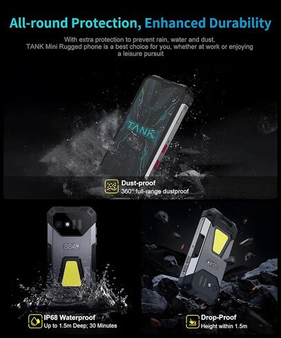8849 Tank Mini 4G هاتف متين، 4.3 بوصة هاتف ذكي صغير متين للاستخدام في الهواء الطلق مع ضوء تخييم، هواتف محمولة مقاومة للماء تعمل بنظام Android 13 غير مقفلة 256 جيجابايت، كاميرا 100 ميجابكسل + 32 ميجابكسل، ذاكرة وصول عشوائي 24 جيجابايت/ 5800 مللي أمبير (33  in Kuwait