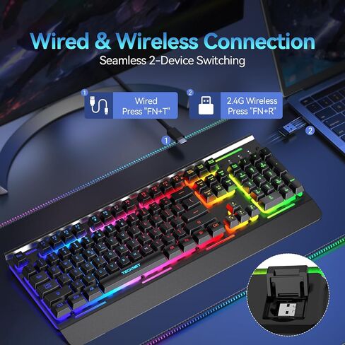 TECKNET Wireless Gaming Keyboard, 2-in-1 (2.4G Wireless & Wired) Computer Keyboard, 15-Zone RGB Keyboard, 4000mAh Rechargeable Battery, Metal Panel, PC Gaming Keyboards (Whisper Quiet Gaming Switch) in Kuwait